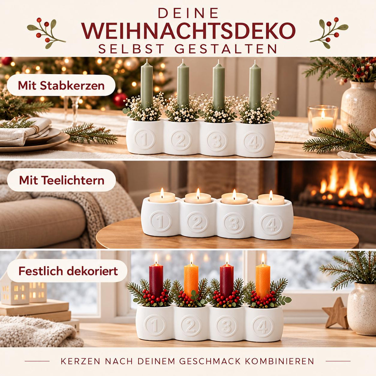Silikonform Advents-Kerzenhalter mit Zahlen 1–4 – Gießform für Weihnachtsdeko, Teelicht- und Stabkerzenhalter zum Selbermachen