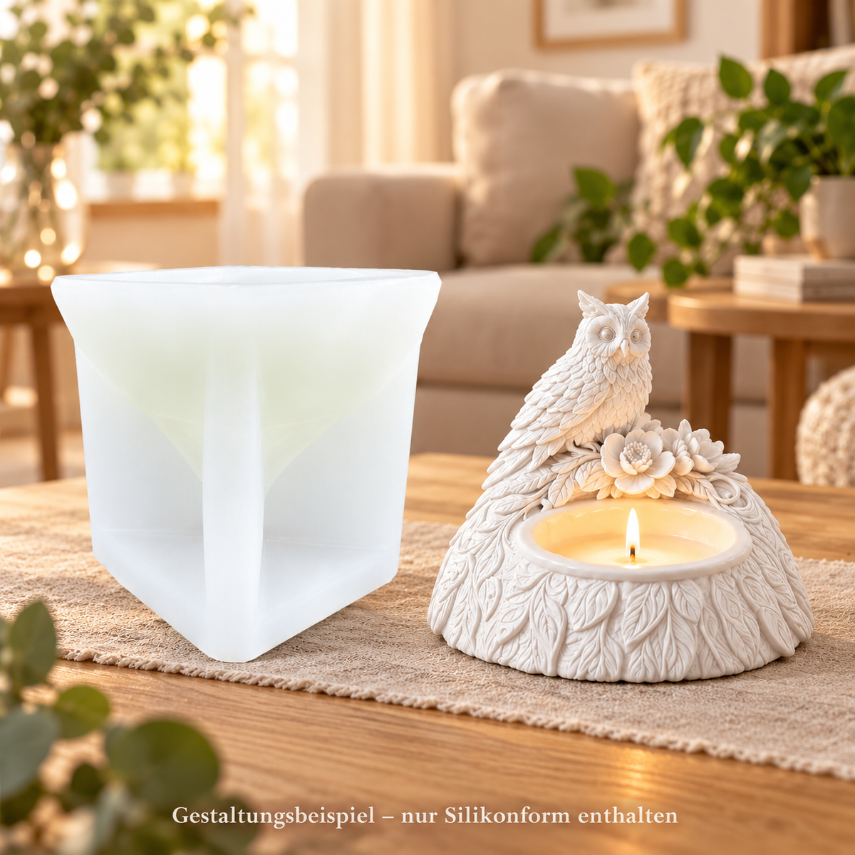 Silikonform und weißer Eulen-Kerzenhalter mit Blumenrelief im gemütlichen Wohnzimmer