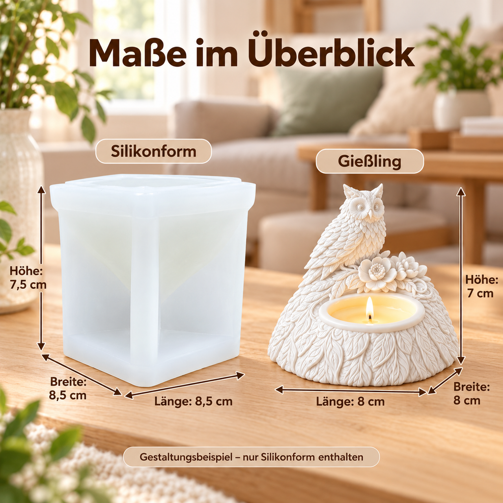 Maße von Eulen-Silikonform und fertigem Gießling mit deutschen Angaben in cm