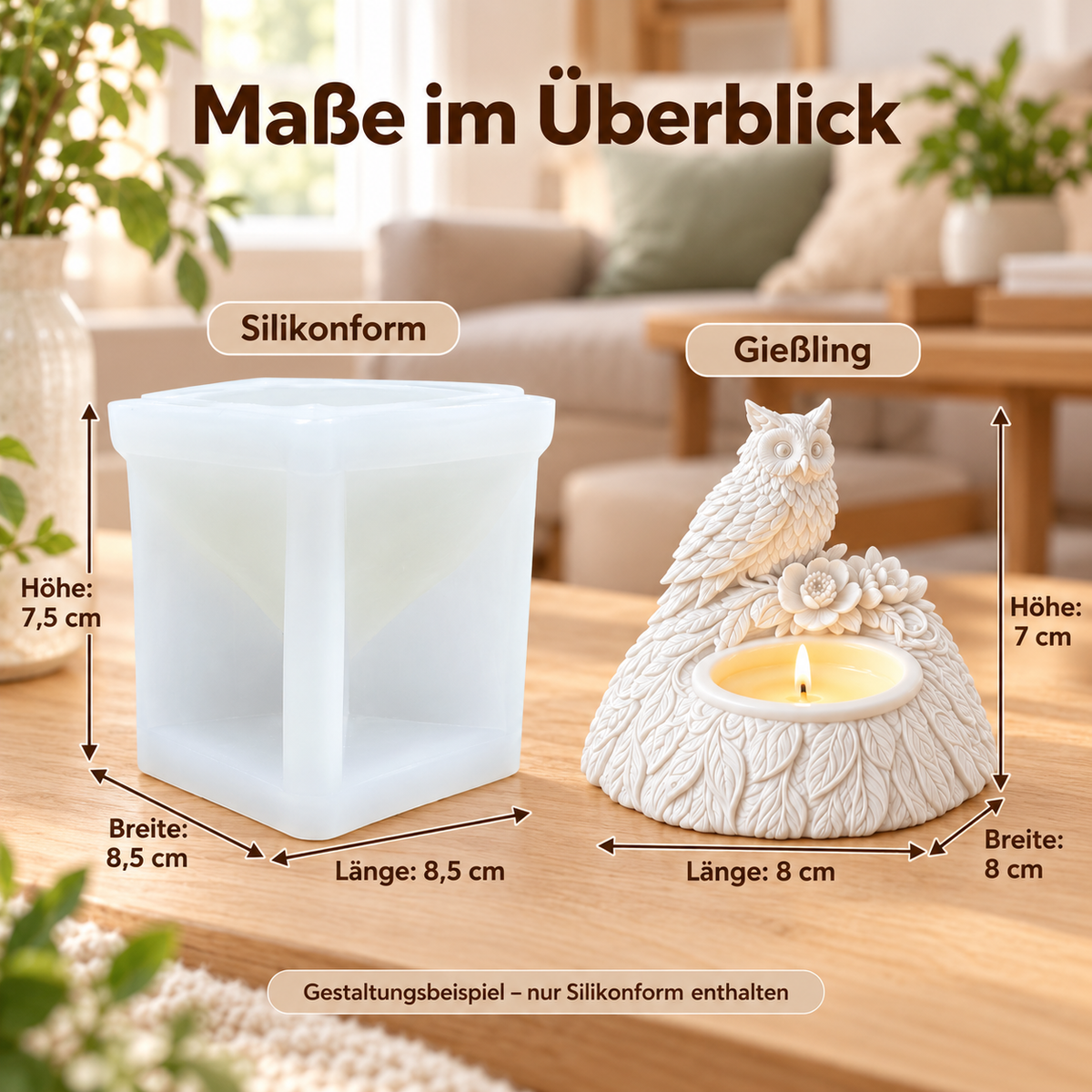 Maße von Eulen-Silikonform und fertigem Gießling mit deutschen Angaben in cm