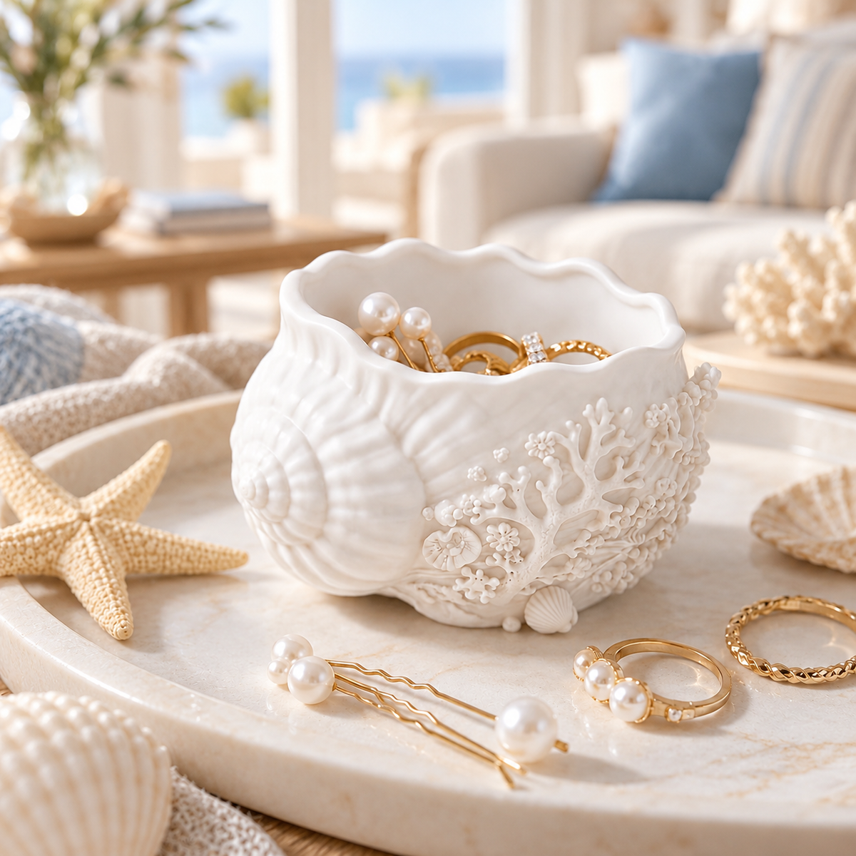 Weißer Muschelbehälter mit Korallenrelief als Schmuckablage im maritimen Wohnzimmer