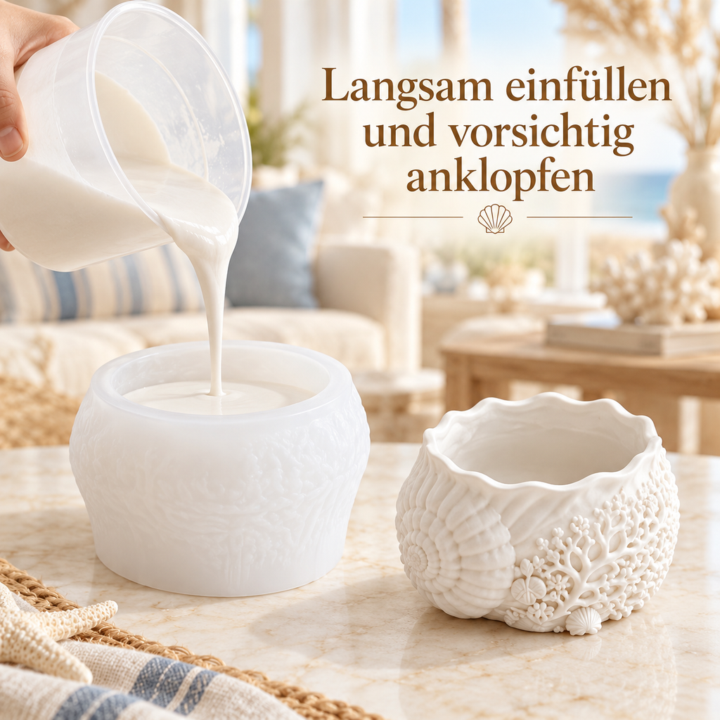 Gießmasse langsam in die Muschelbehälter-Silikonform einfüllen