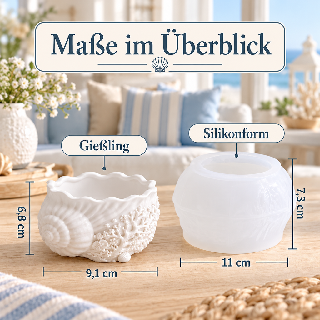 Maße von Silikonform und Muschelbehälter in cm