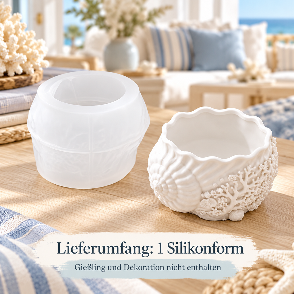 Lieferumfang einer Silikonform mit fertigem Muschelbehälter als Beispiel