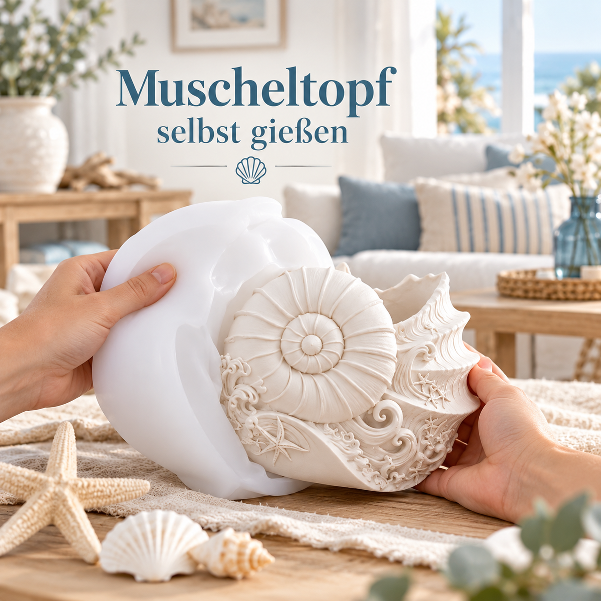 Muscheltopf-Gießling beim Entformen aus der Silikonform im maritimen Wohnzimmer