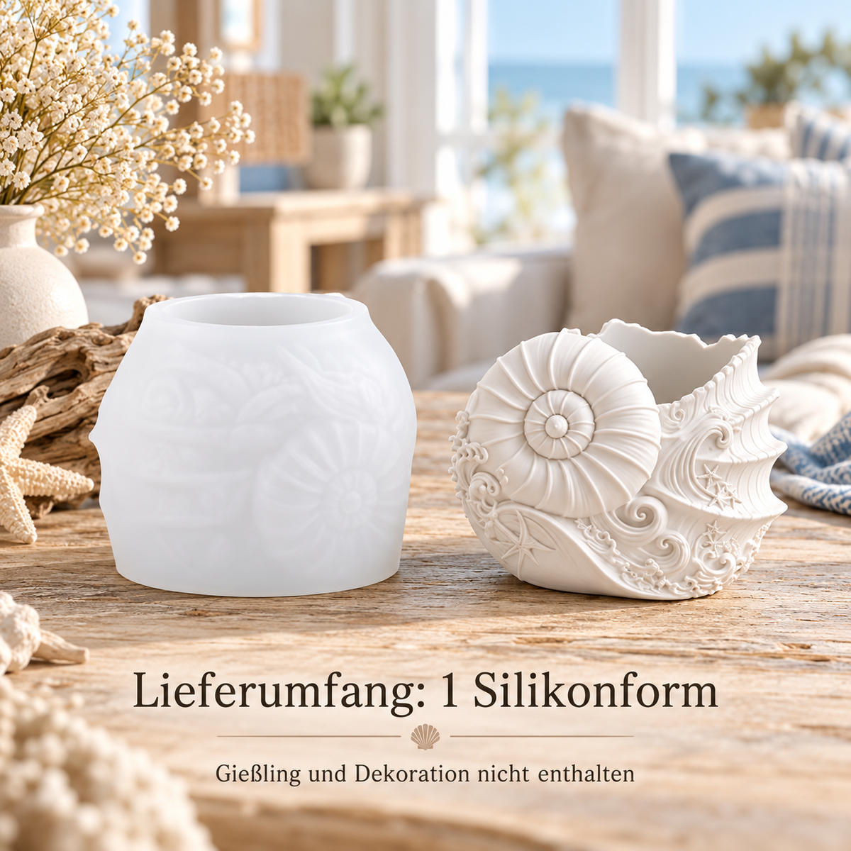 Lieferumfang einer Silikonform mit Muscheltopf als Gießbeispiel