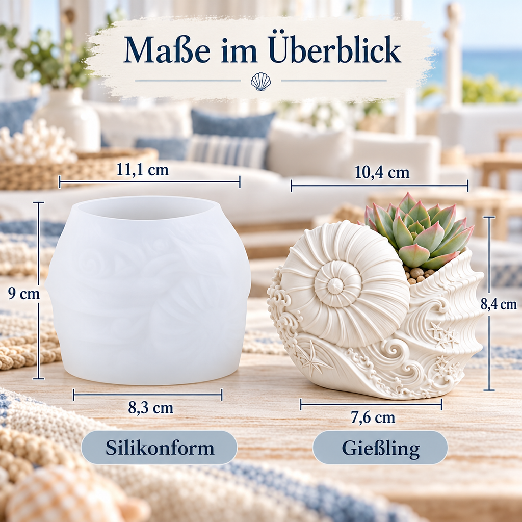 Maße der Muscheltopf-Silikonform und des Gießlings ausschließlich in cm