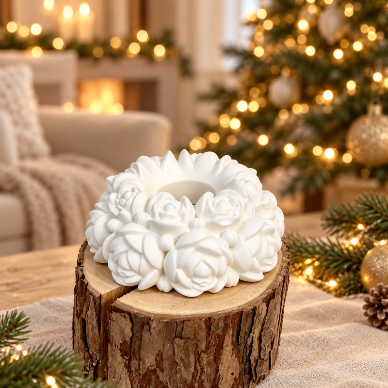 Weißer Rosenkranz-Kerzenhalter als Gießbeispiel auf Holz im Weihnachtszimmer
