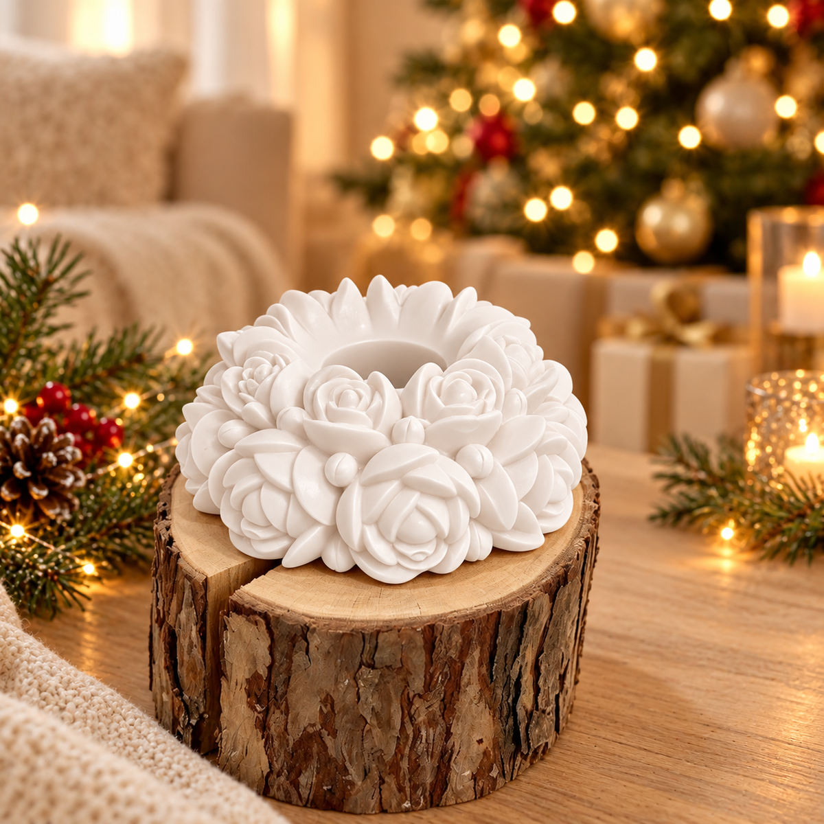 Weißer Gießling mit Rosen und Blättern vor einem Weihnachtsbaum