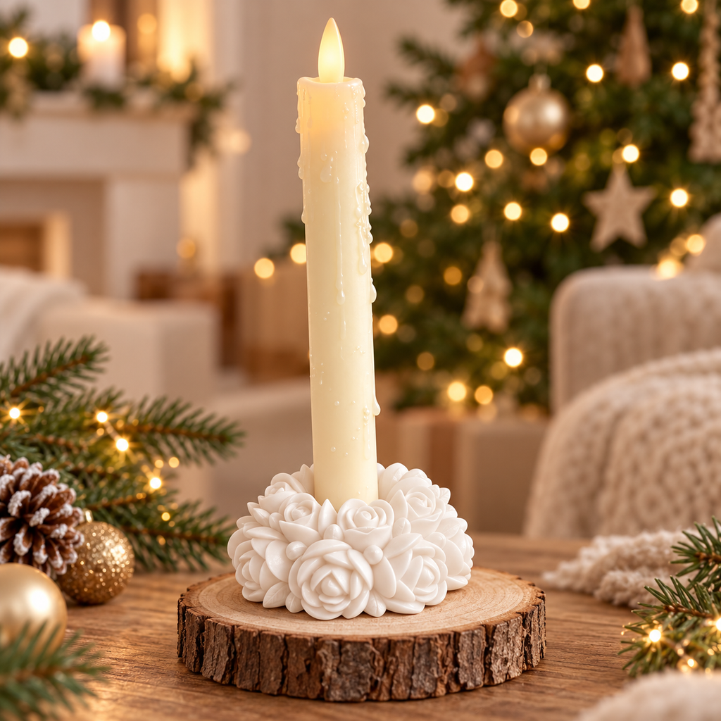 Weißer Rosenkranz-Kerzenhalter mit LED-Kerze als weihnachtliche Dekorationsidee