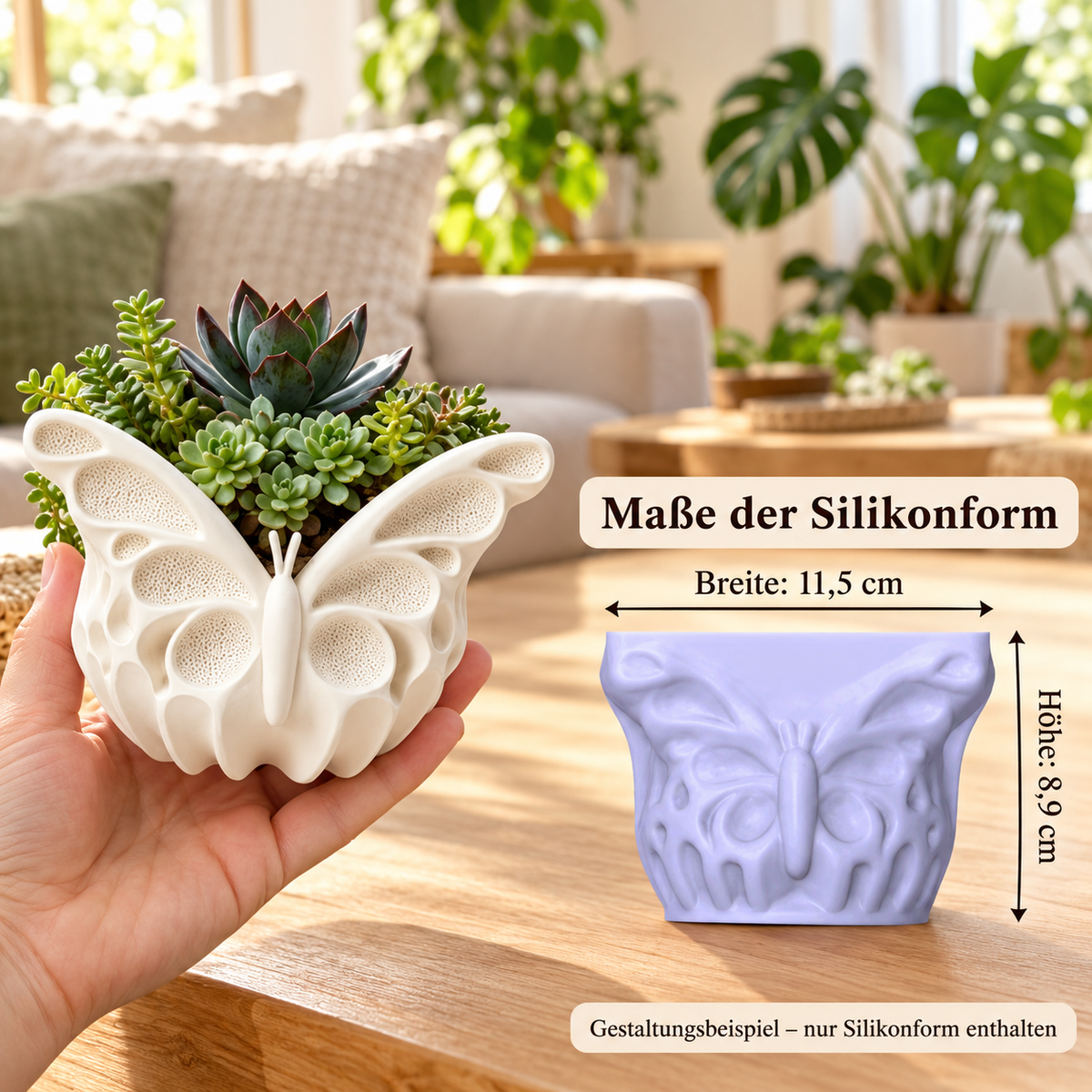 Schmetterling-Silikonform mit deutschen Maßangaben: Breite 11,5 cm und Höhe 8,9 cm